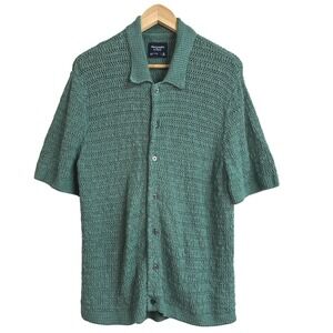 Abercrombie Fitch Mens Green Crochet Knit Short Sleeve Button Up Shirt Medium